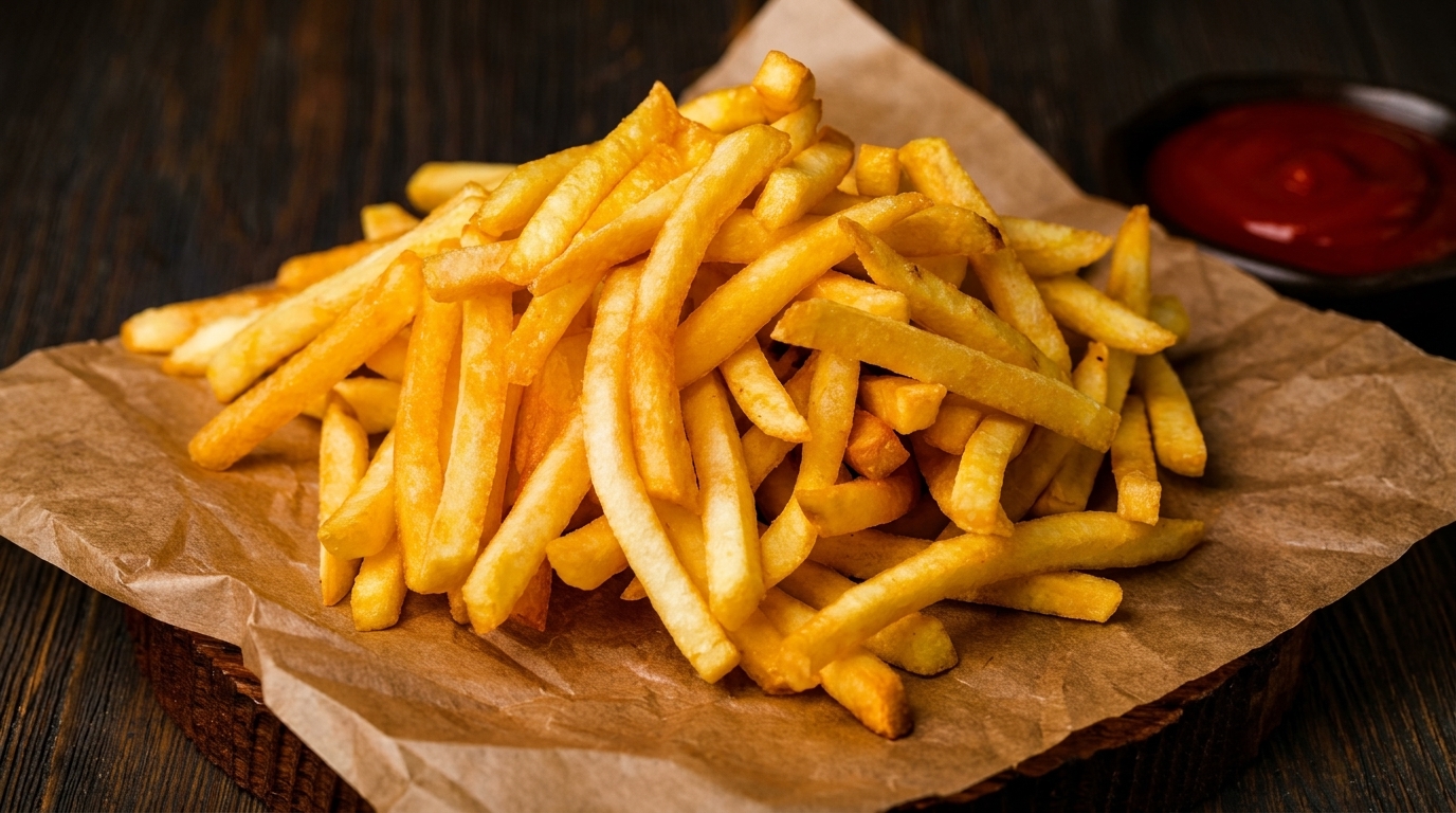 Golden french fries piled on brown paper with a small dish of ketchup in the background.