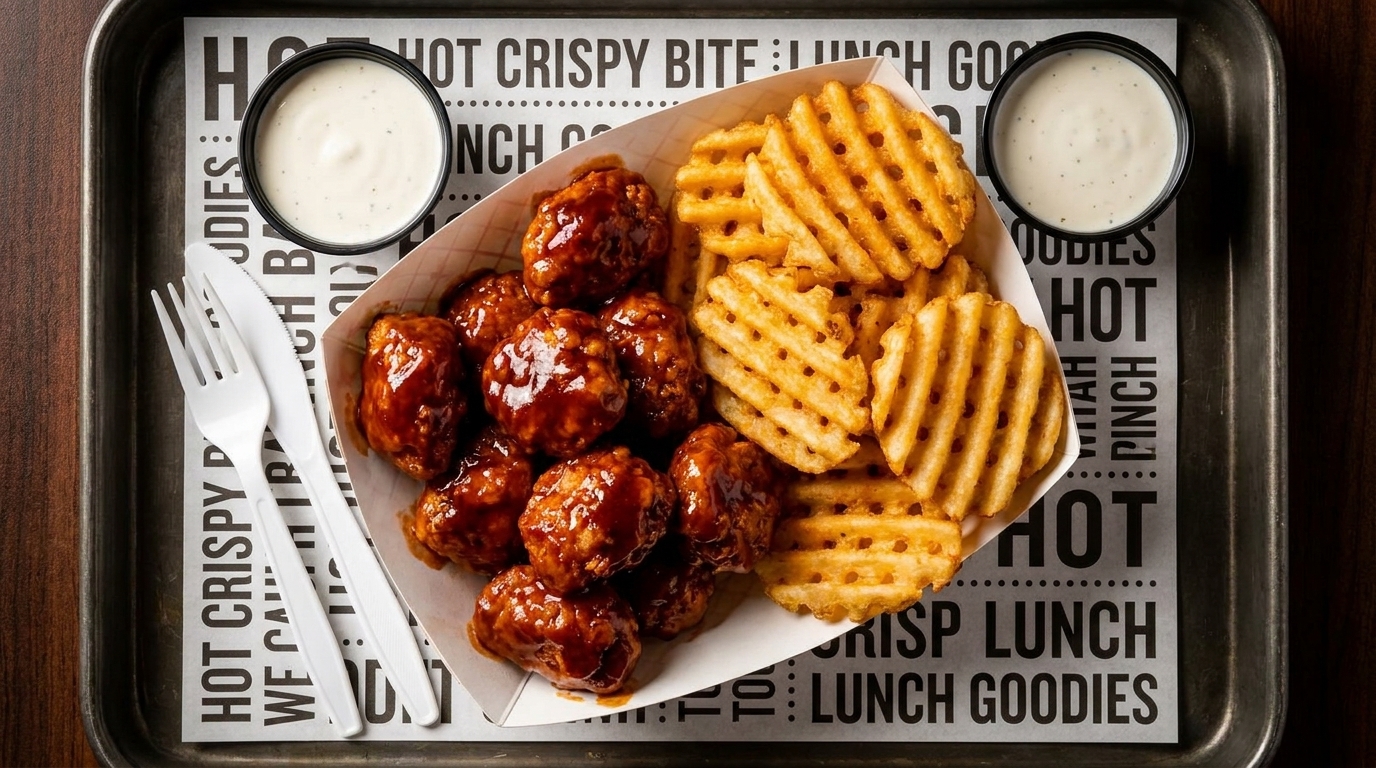 A tray of boneless wings with barbecue sauce, waffle fries, and two ranch dipping sauces.