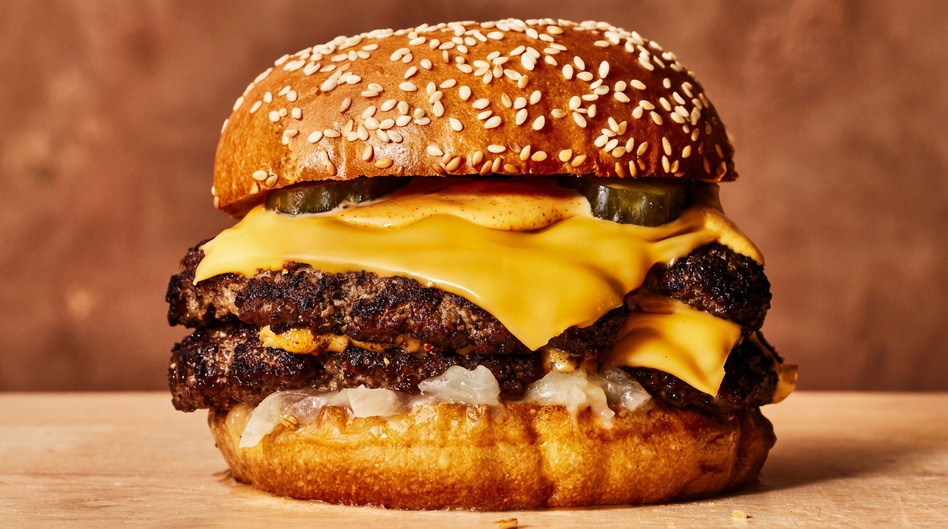 A double cheeseburger with melted cheese, pickles, and onions on a sesame seed bun.