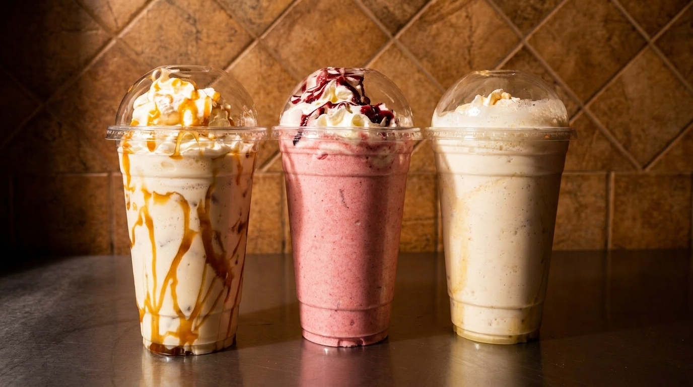 Three milkshakes in plastic cups: caramel, strawberry, and vanilla, against a tiled wall.