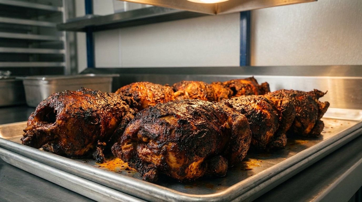 Multiple whole roasted chickens with crispy, dark skin on a metal tray in a commercial kitchen.