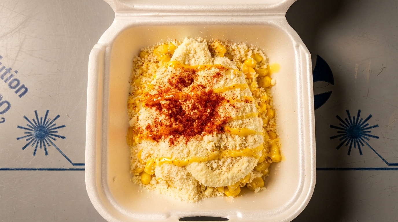 Elote in a white takeout container, topped with cheese, sauce, and chili powder.