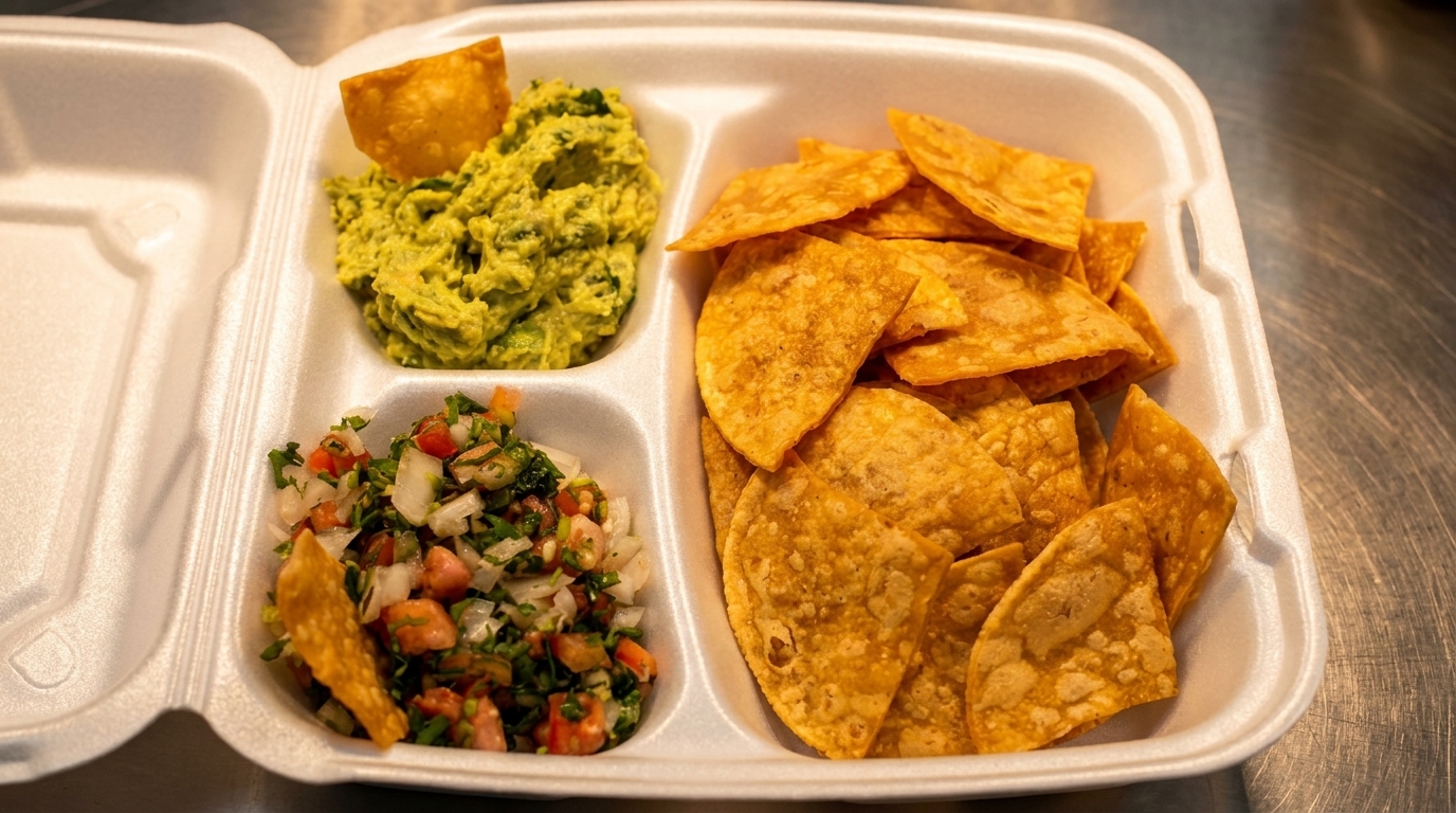 Guacamole, pico de gallo, and tortilla chips in a white styrofoam takeout container.