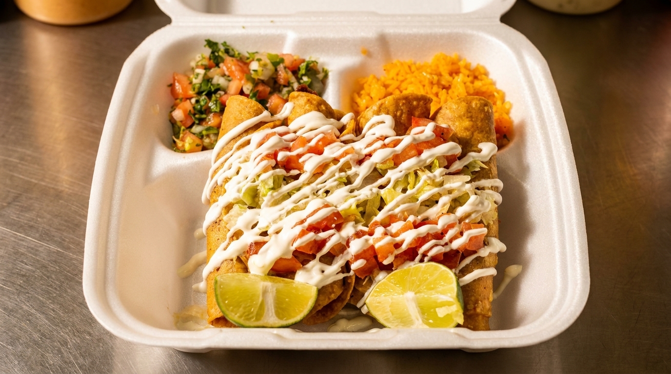 Crispy taquitos topped with lettuce, tomatoes, and sour cream, served with rice and pico de gallo.