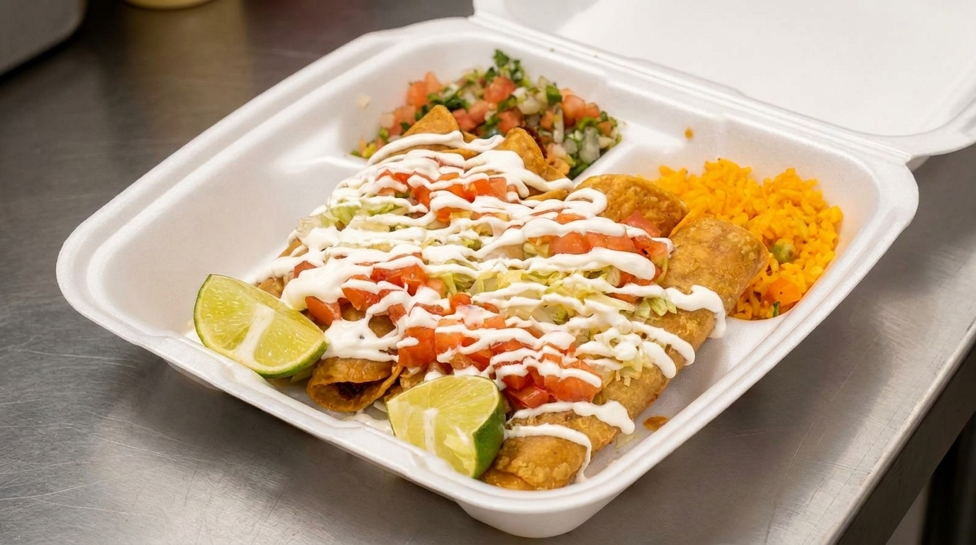 Crispy taquitos topped with sour cream, lettuce, and tomatoes, served with rice and pico de gallo.