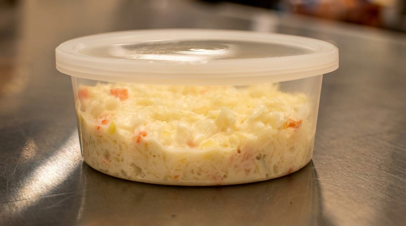 Creamy coleslaw with shredded cabbage and carrots in a clear plastic container with a lid.