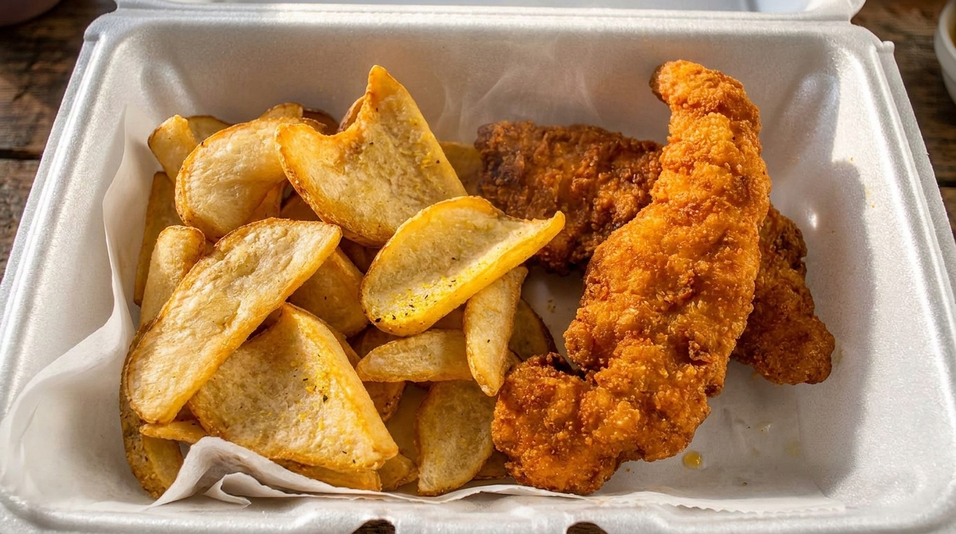 Crispy fried chicken tenders and seasoned potato wedges in a white takeout container.
