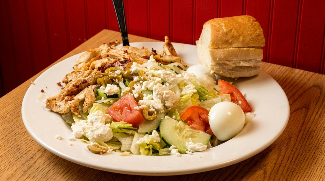 Grilled chicken salad with feta, olives, tomatoes, cucumber, hard-boiled egg, and bread on a white plate.