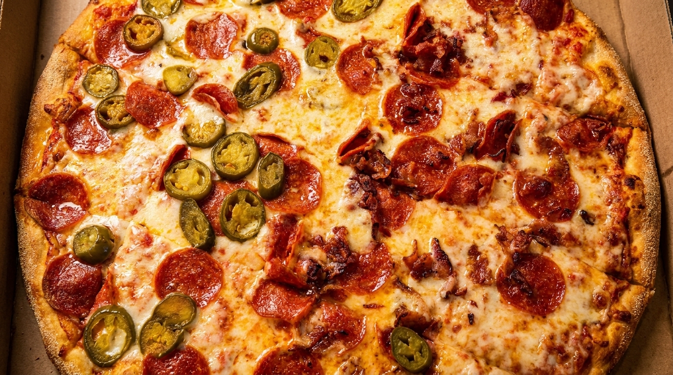 Close-up of a pepperoni, bacon, and jalapeño pizza in a cardboard box.