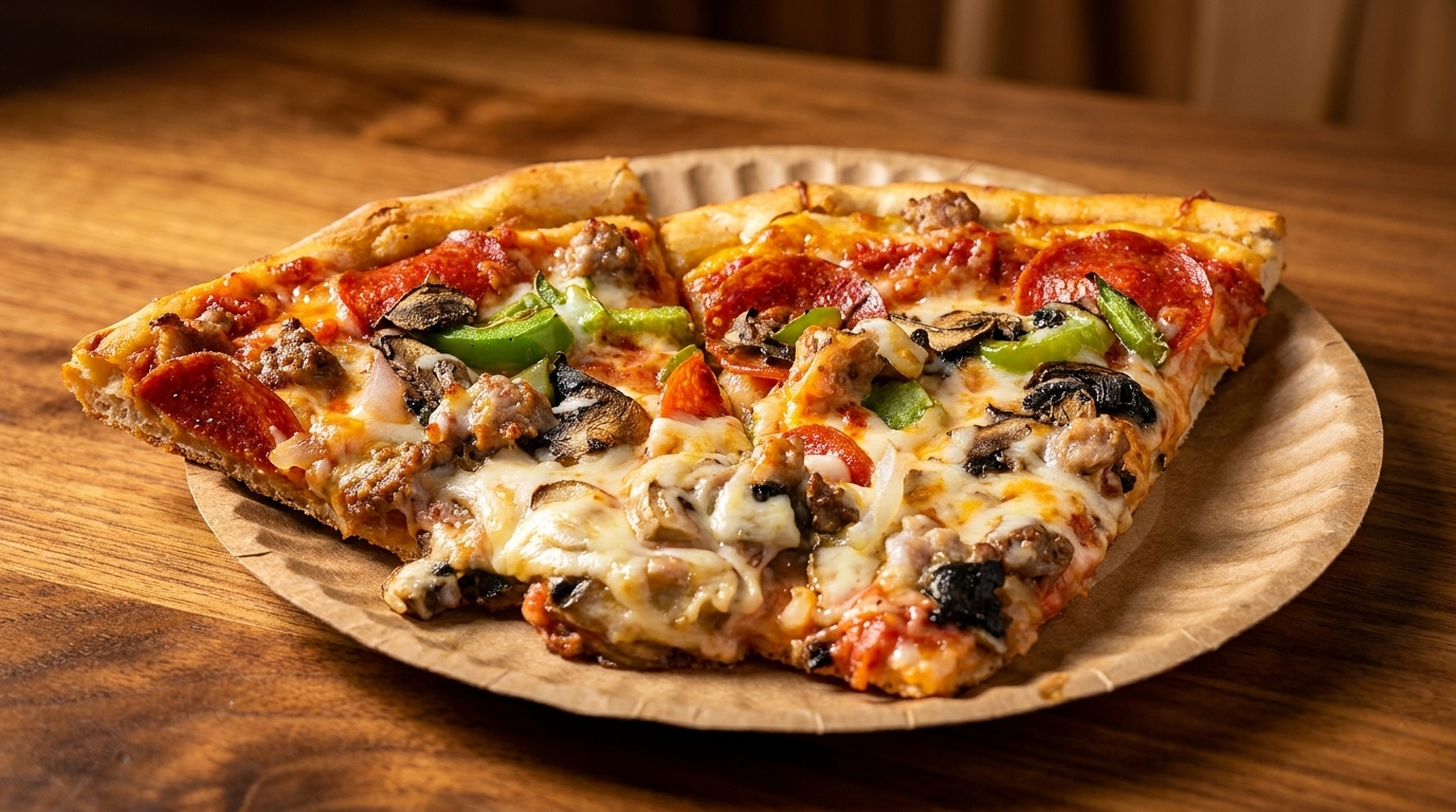 Two slices of loaded pizza with pepperoni, sausage, mushrooms, and green peppers on a paper plate.