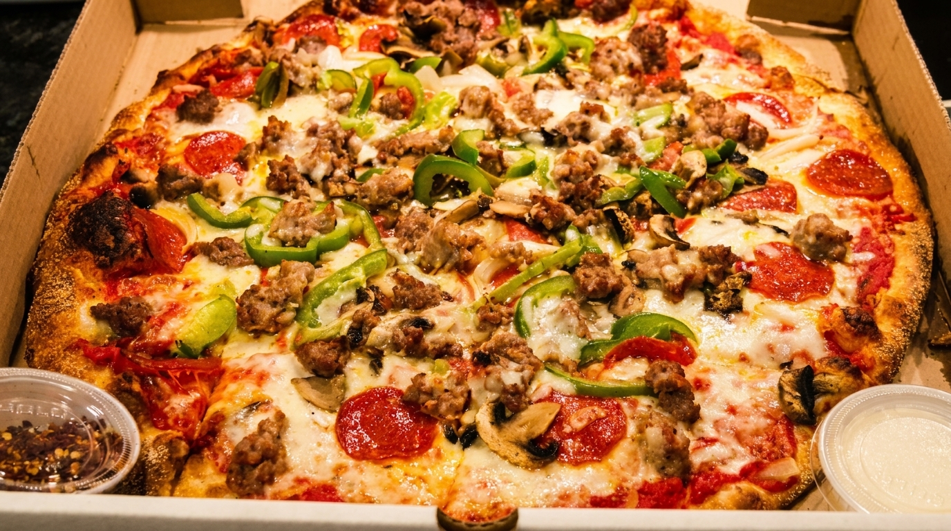 A large, hot supreme pizza with pepperoni, sausage, green peppers, and mushrooms in a box.