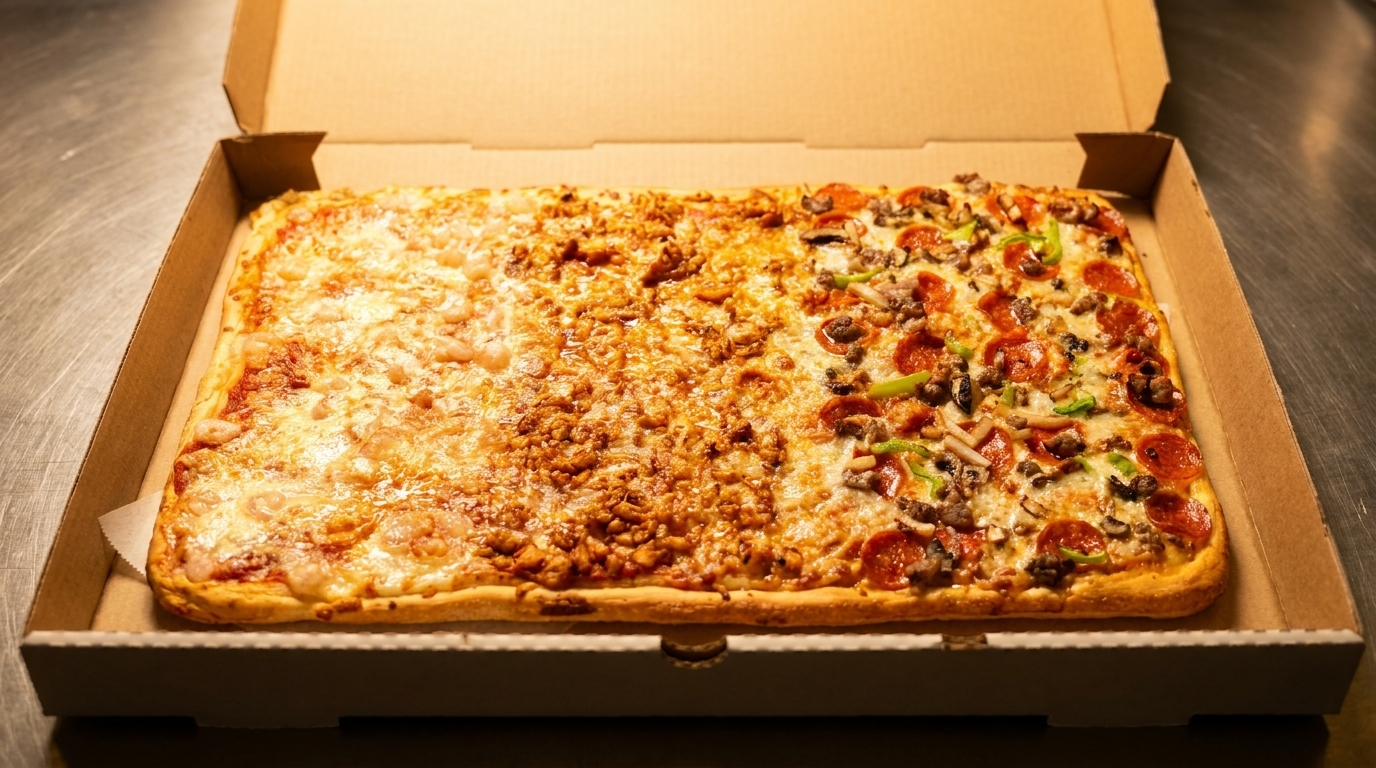 Large rectangular pizza with four different toppings in a cardboard box on a metal surface.