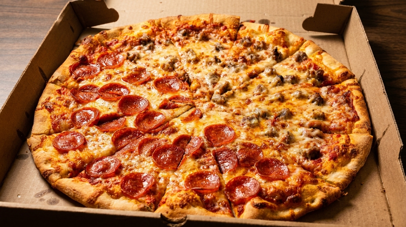 Half pepperoni, half sausage pizza in a cardboard delivery box.