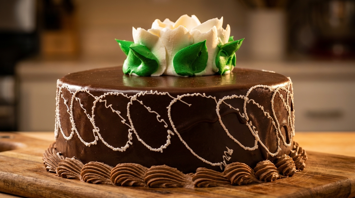 Rich chocolate cake with white icing swirls, chocolate rosettes, and a white and green buttercream flower.