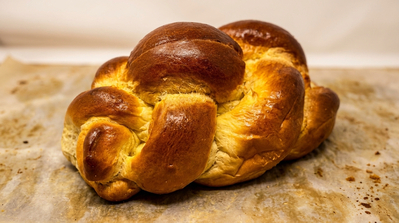Freshly baked, golden-brown braided challah bread rests on parchment paper.