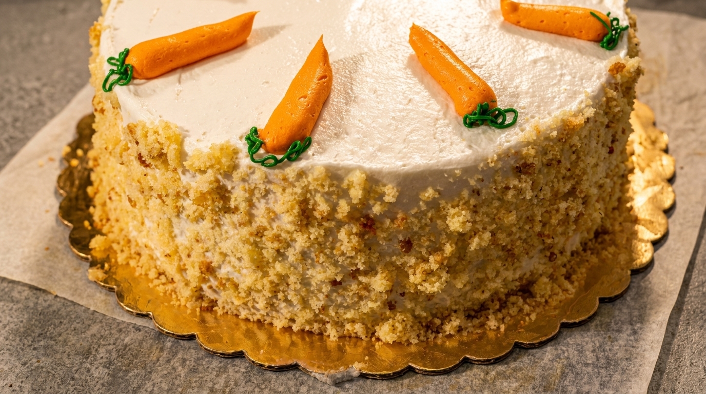 A round carrot cake with white frosting, decorated with orange icing carrots and green stems.
