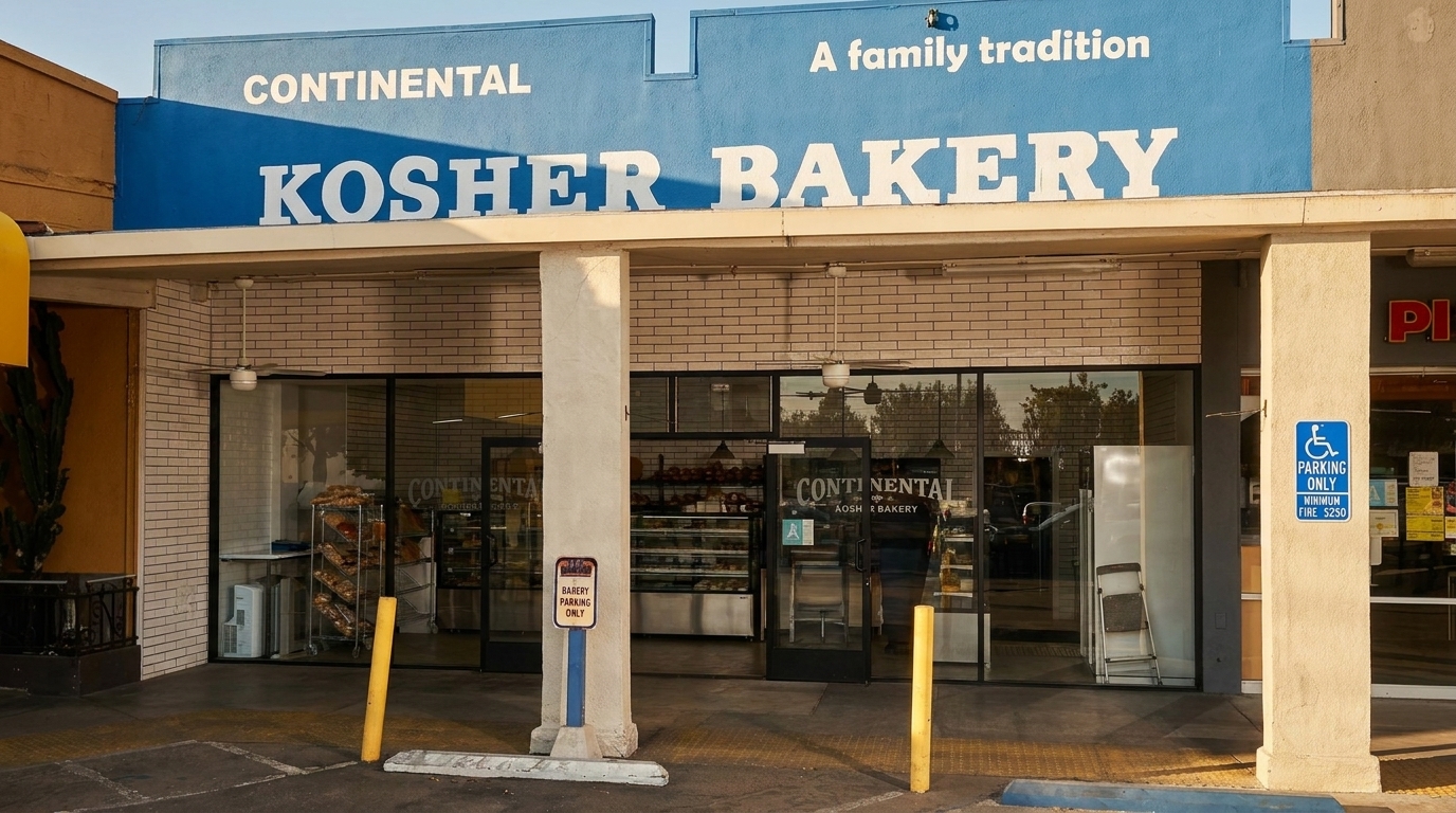 Exterior of Continental Kosher Bakery with a blue facade and large glass windows displaying baked goods.