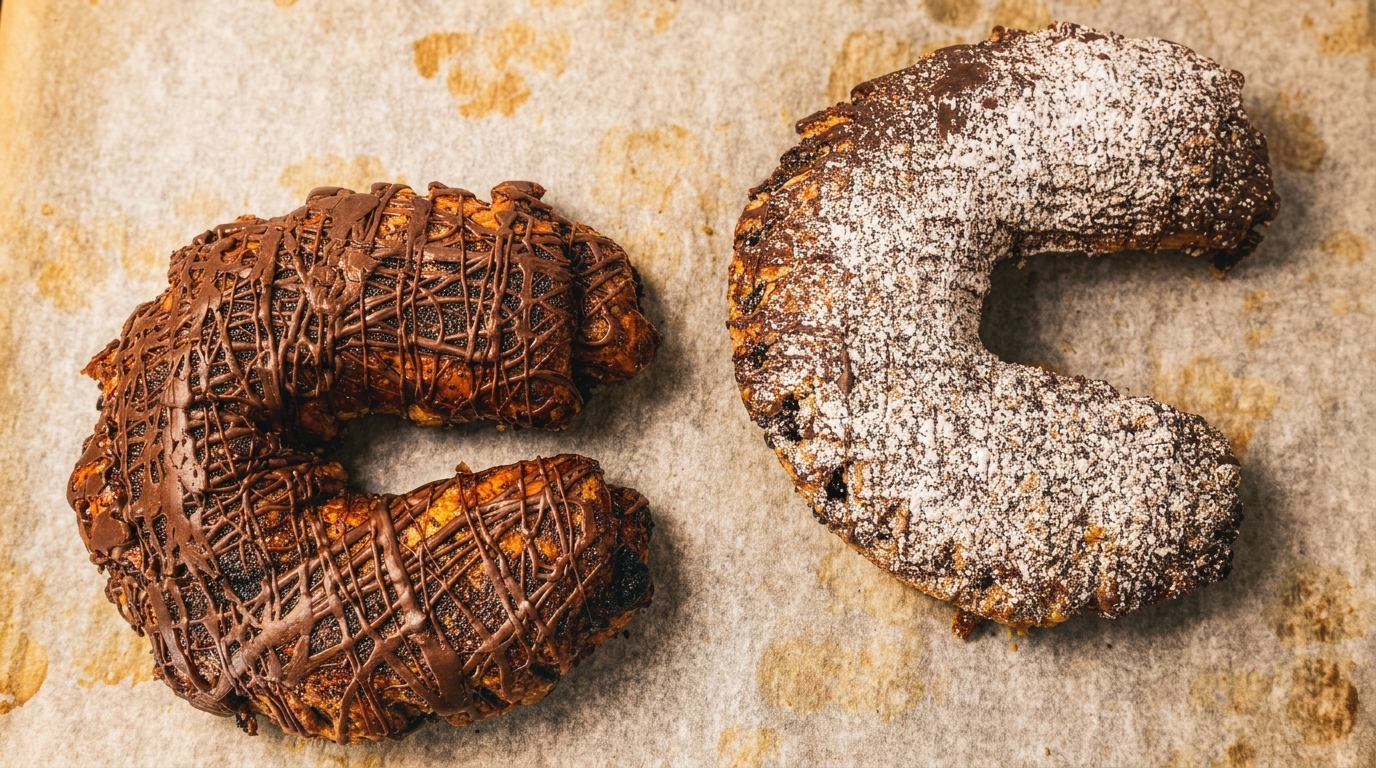 Two crescent-shaped pastries on parchment paper, one drizzled with chocolate, the other dusted with powdered sugar.