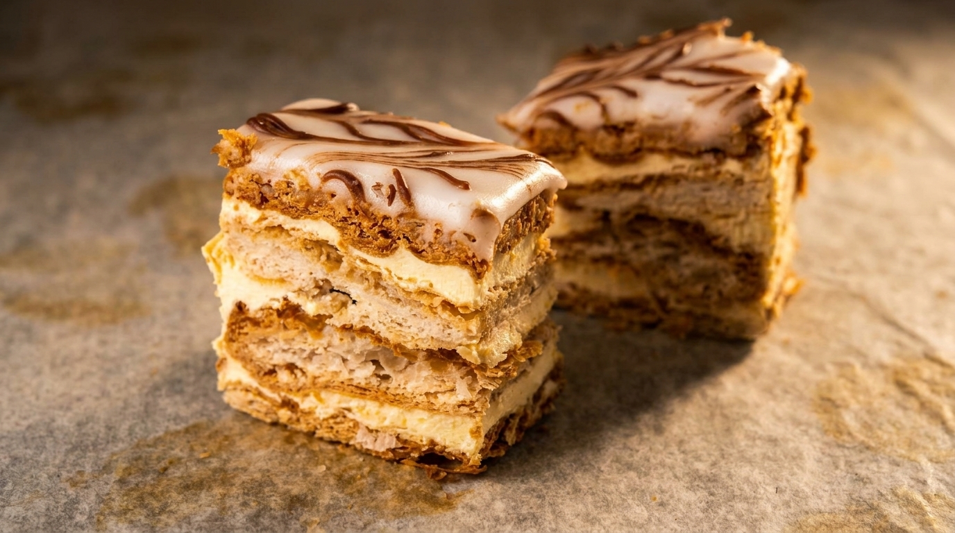 Two layered Napoleon pastries with white icing and chocolate drizzle on parchment paper.