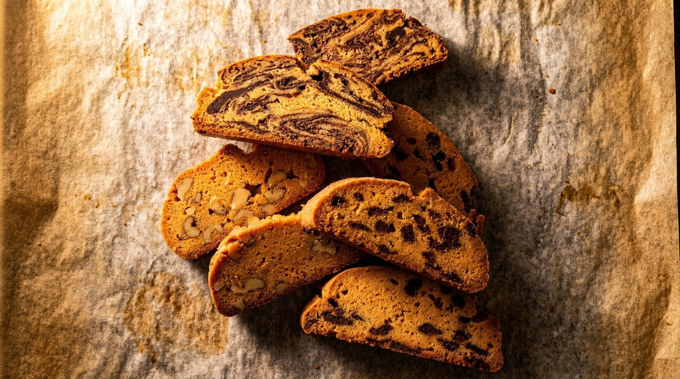 Assortment of biscotti slices, including chocolate swirl, walnut, and chocolate chip, on parchment paper.