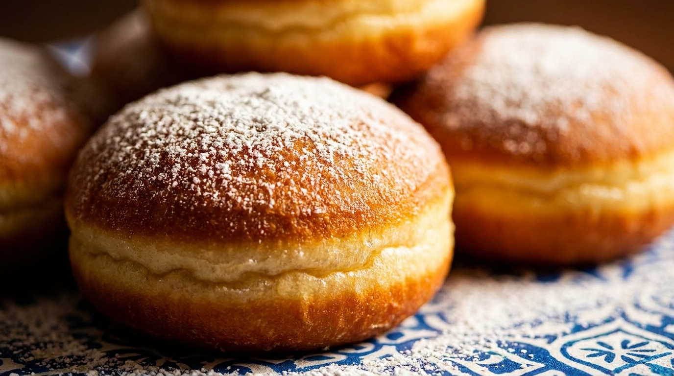Close-up of several golden-brown, powdered sugar-dusted donuts on a blue and white patterned surface.