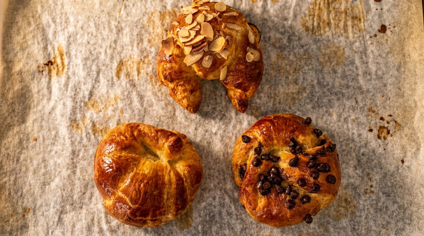 Three golden-brown pastries on parchment paper: one almond croissant, one plain, and one chocolate chip.
