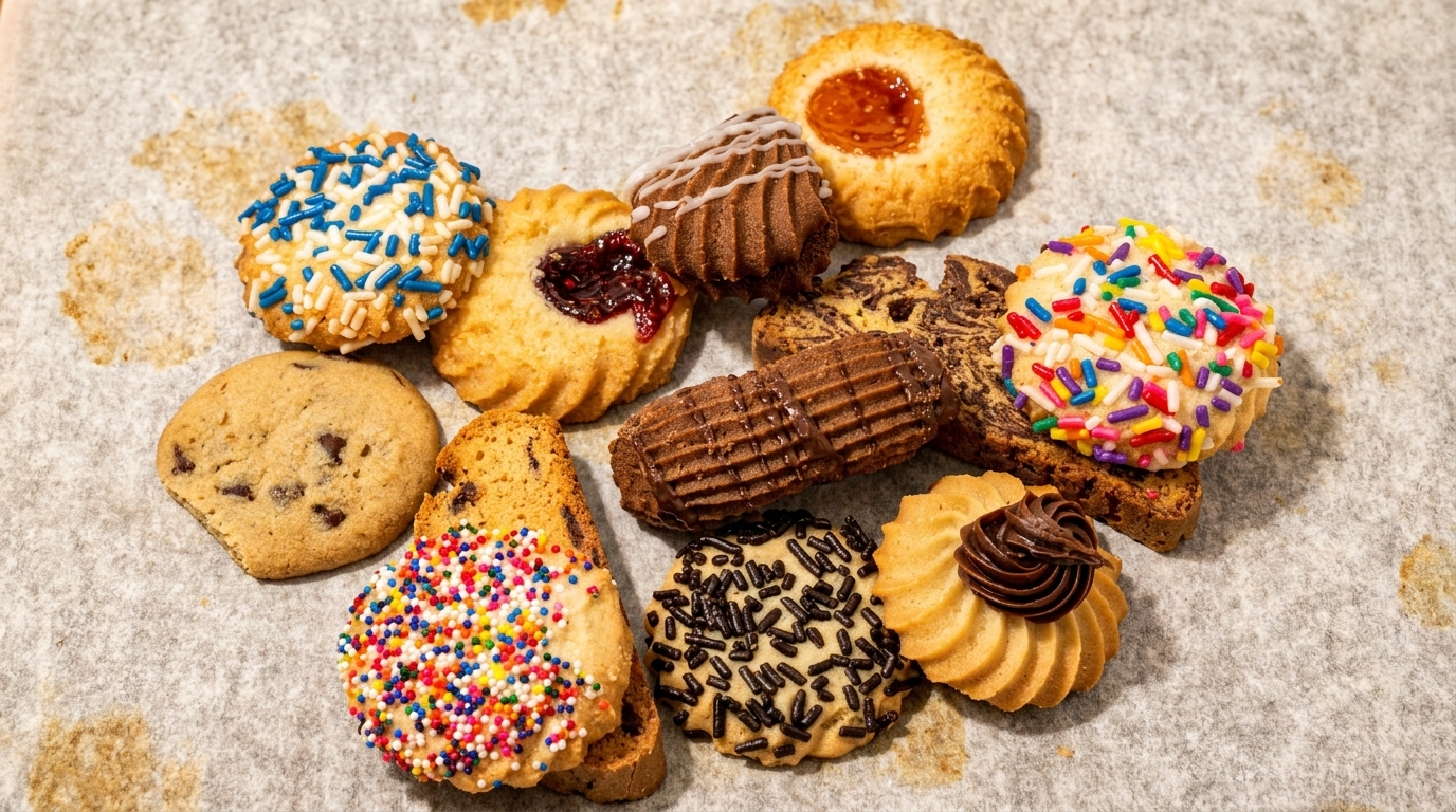 Assortment of colorful cookies with sprinkles, chocolate, and jam fillings on parchment paper.