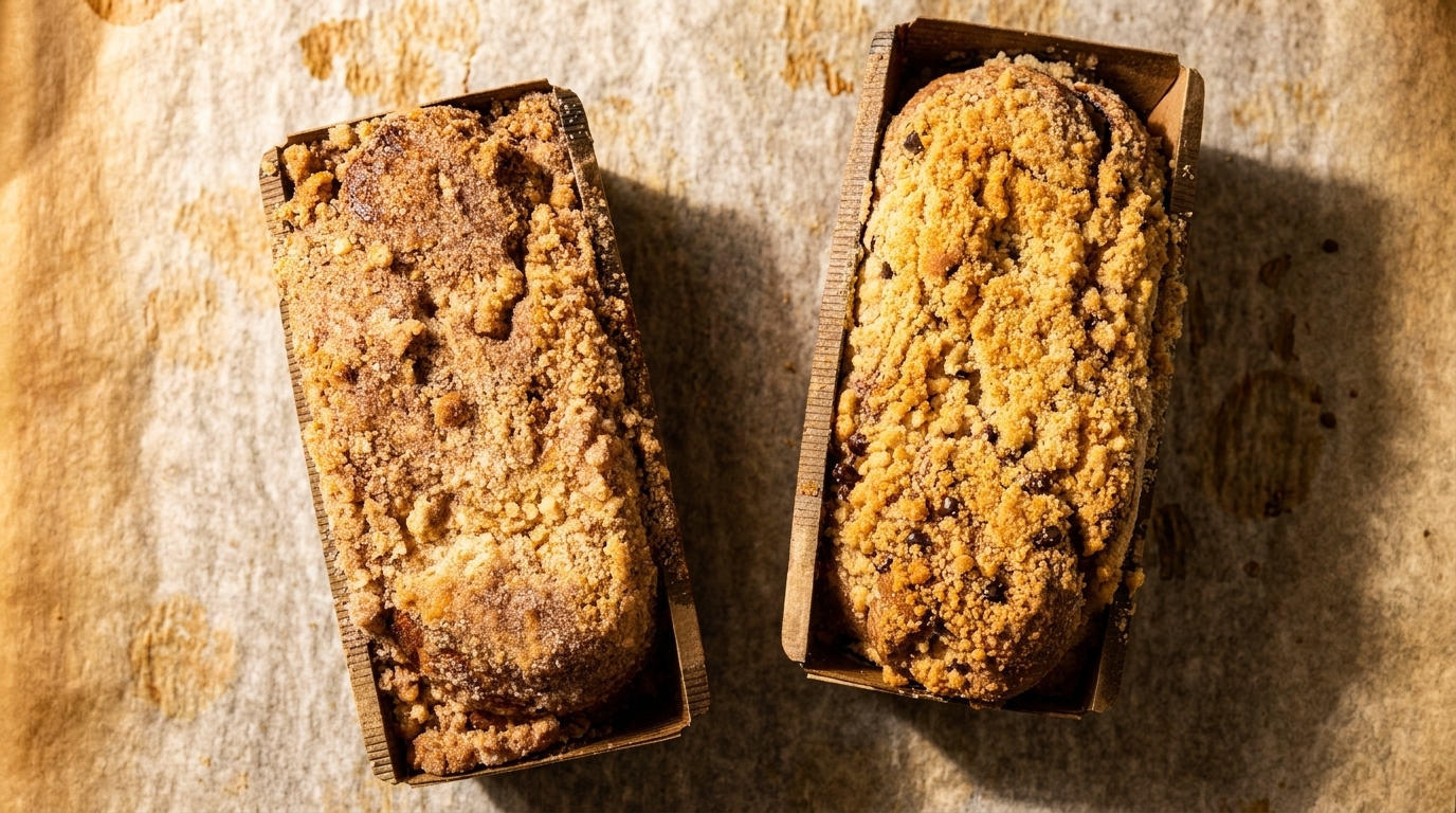 Two golden-brown crumb cakes in paper loaf pans on parchment paper.