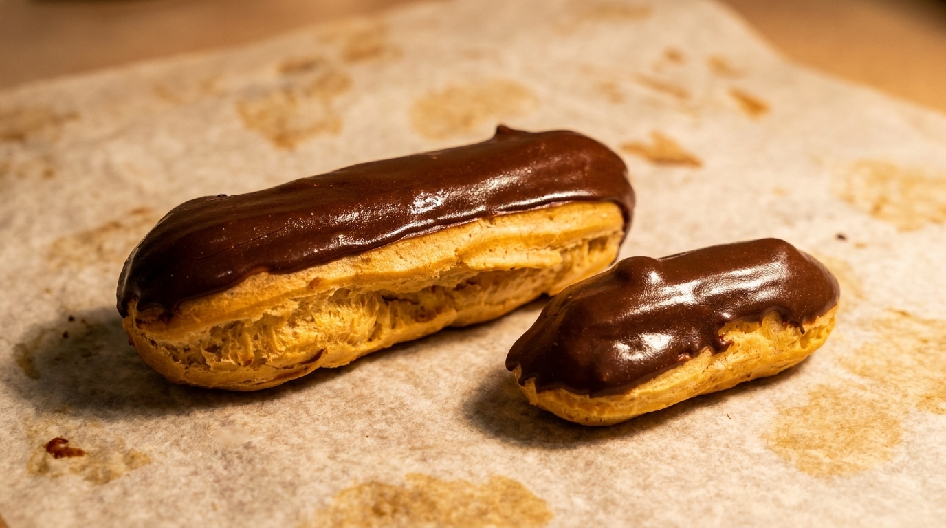 Two chocolate eclairs, one large and one small, rest on parchment paper.