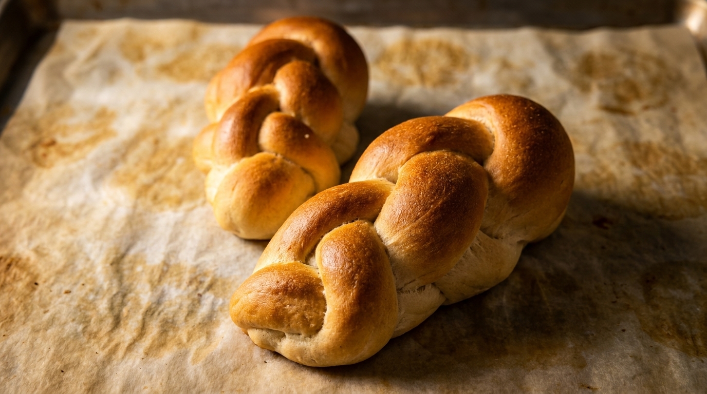 Two golden-brown braided challah loaves resting on parchment paper on a baking sheet.
