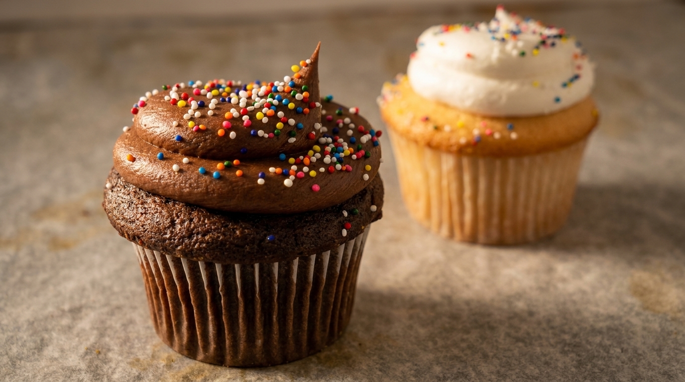 Two cupcakes, one chocolate with chocolate frosting and sprinkles, one vanilla with white frosting and sprinkles.