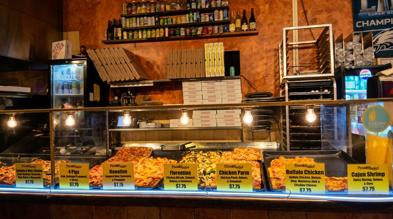 A pizza shop counter displays various pizza slices with price tags, pizza boxes, and drinks.