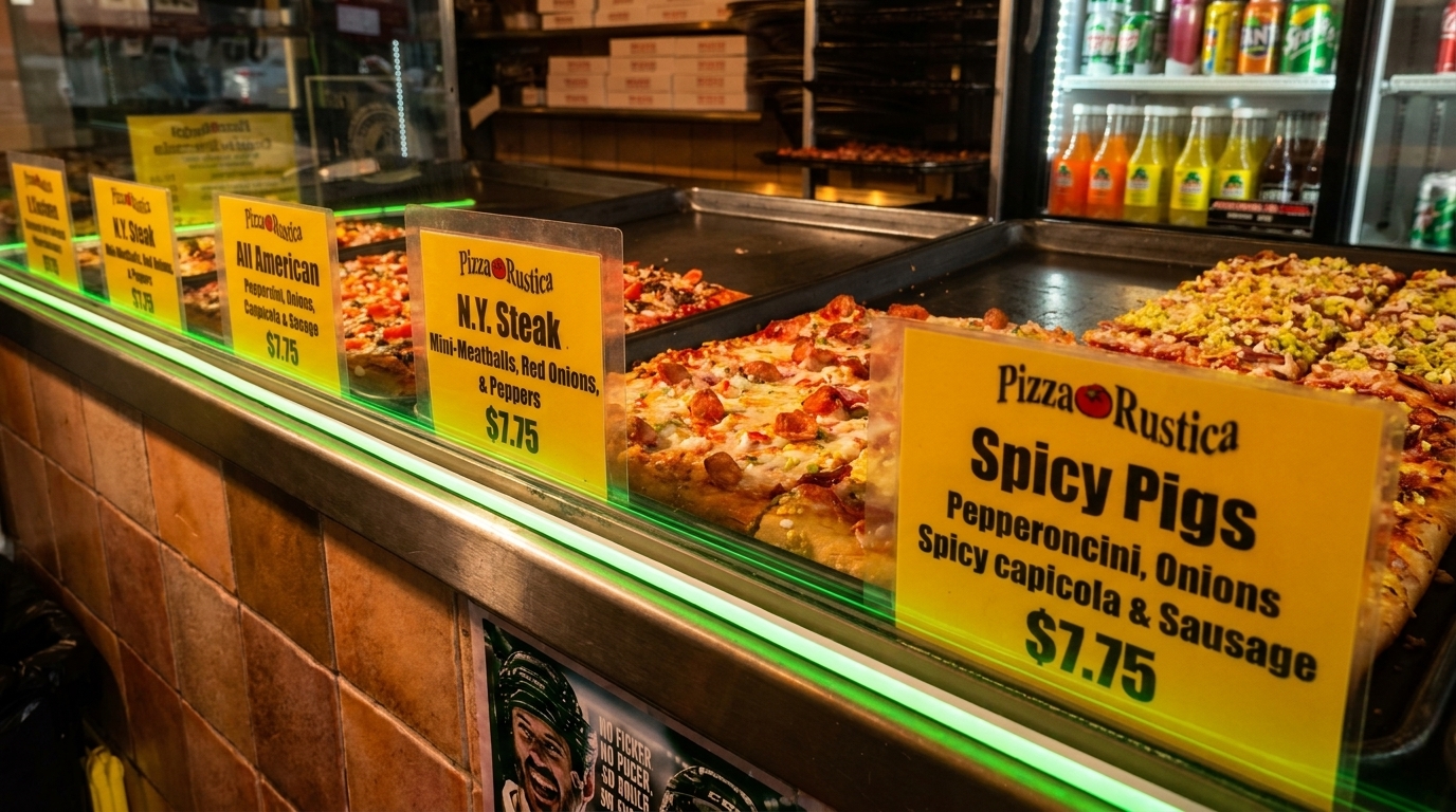 A display case at Pizza Rustica shows various pizza slices and menu signs, with drinks in the background.