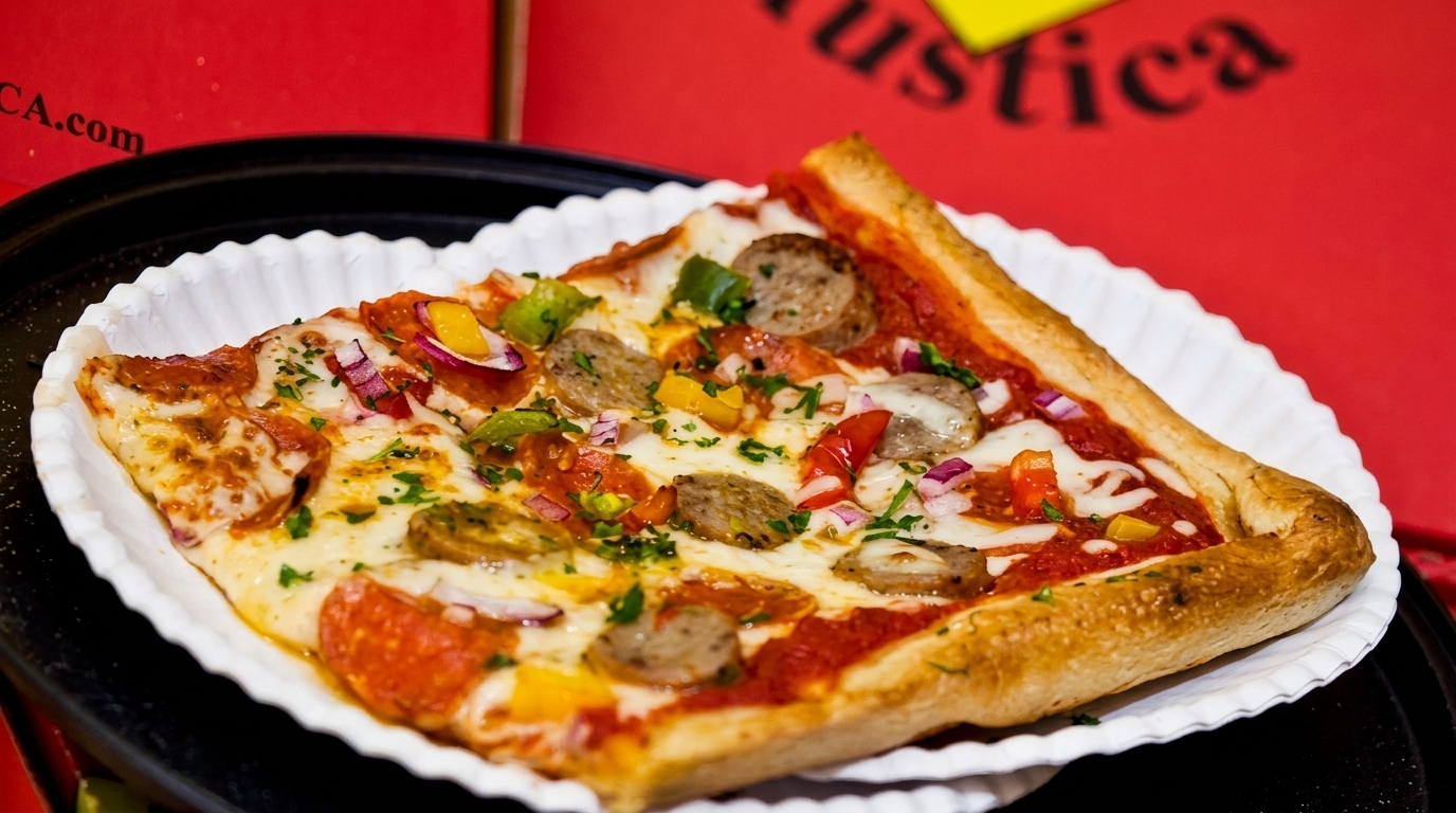 A square slice of pizza with sausage, peppers, onions, and cheese on a white paper plate.