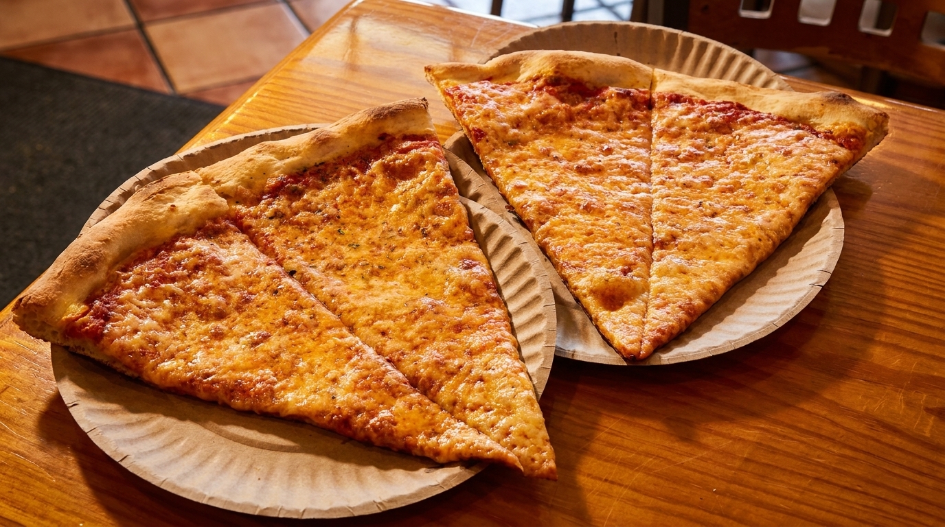 Two paper plates each hold two slices of cheesy pizza on a wooden table.