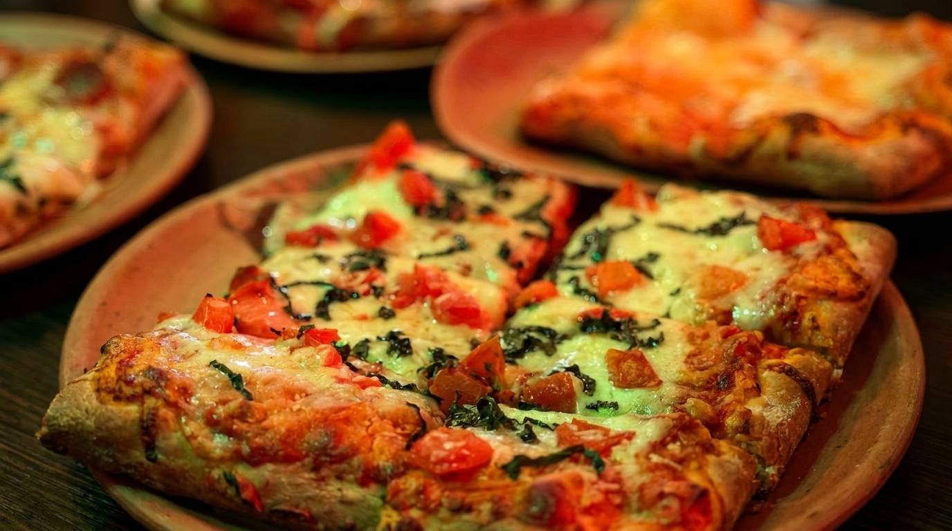 Several slices of cheesy pizza with diced tomatoes and basil on rustic plates.