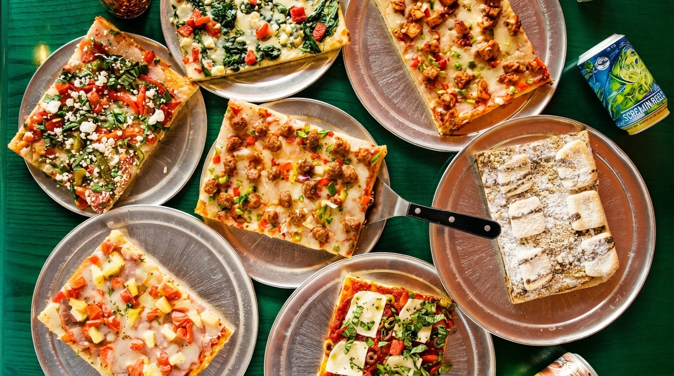 An overhead view of seven square pizza slices with various toppings on metal plates.