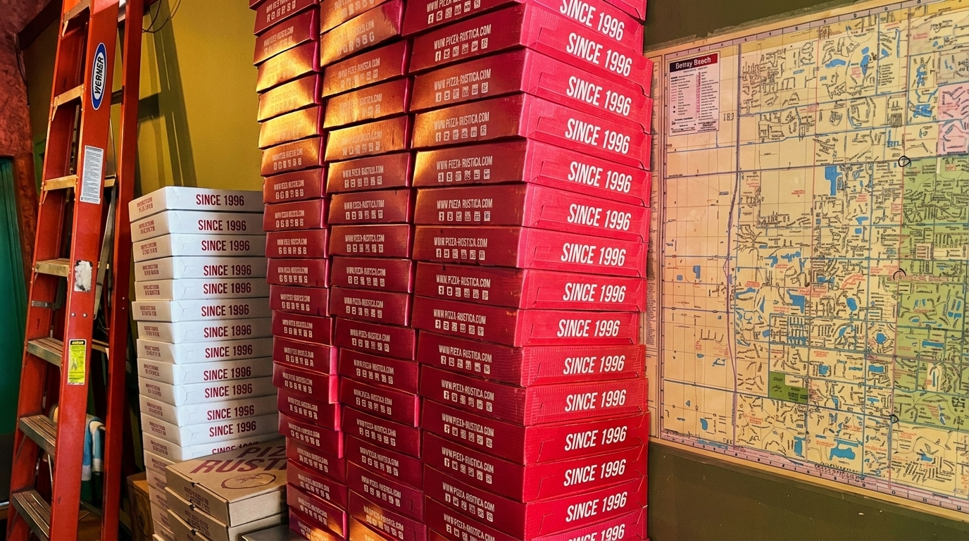Stacks of red and white Pizza Rustica boxes next to a ladder and a map.