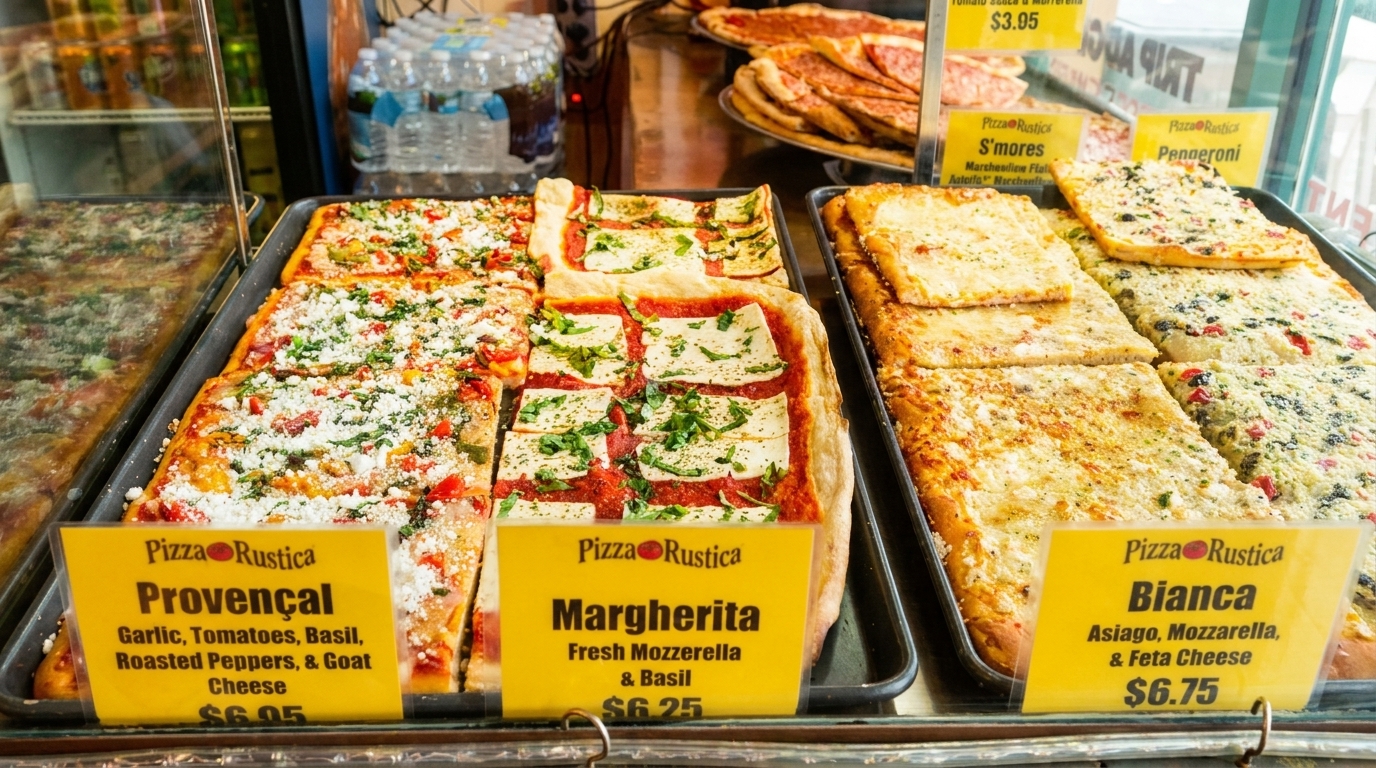 Trays of various square-cut pizzas, including Provençal, Margherita, and Bianca, displayed at Pizza Rustica.