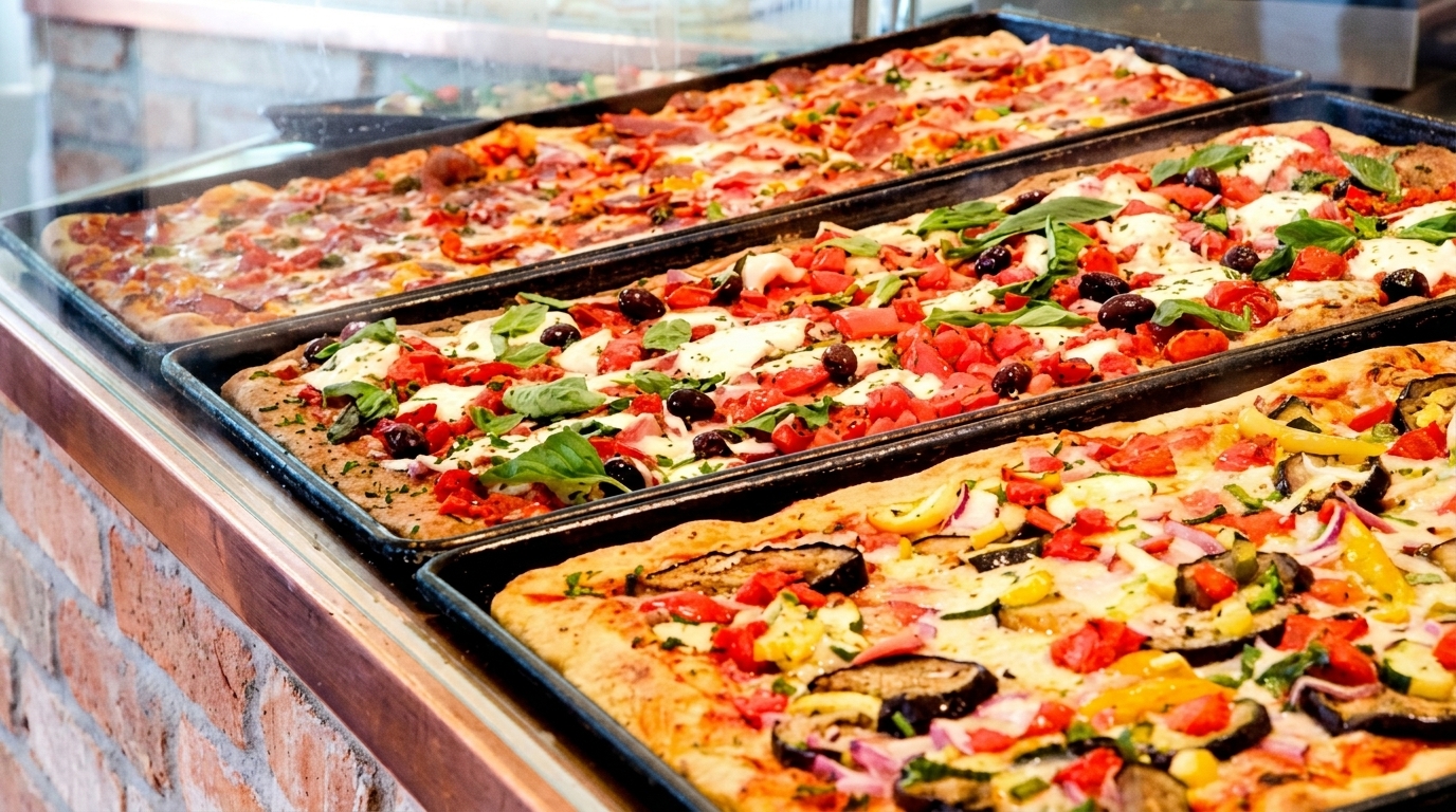 Three rectangular trays of freshly baked pizza with various toppings displayed in a glass case.