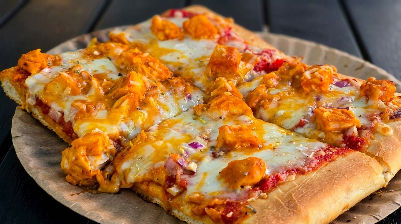 Two slices of buffalo chicken pizza with melted cheese, red onions, and sauce on a paper plate.