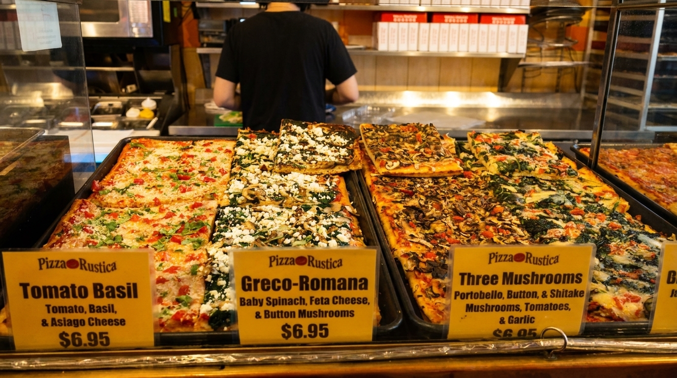 Assortment of Pizza Rustica's square-cut pizzas, including Tomato Basil, Greco-Romana, and Three Mushrooms, displayed in a case.
