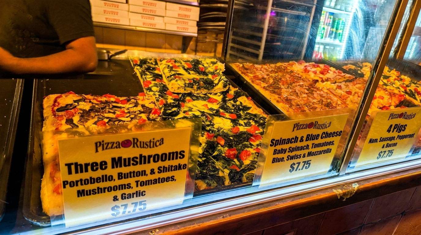 A display case at Pizza Rustica filled with various rectangular pizza slices, including mushroom, spinach, and meat.