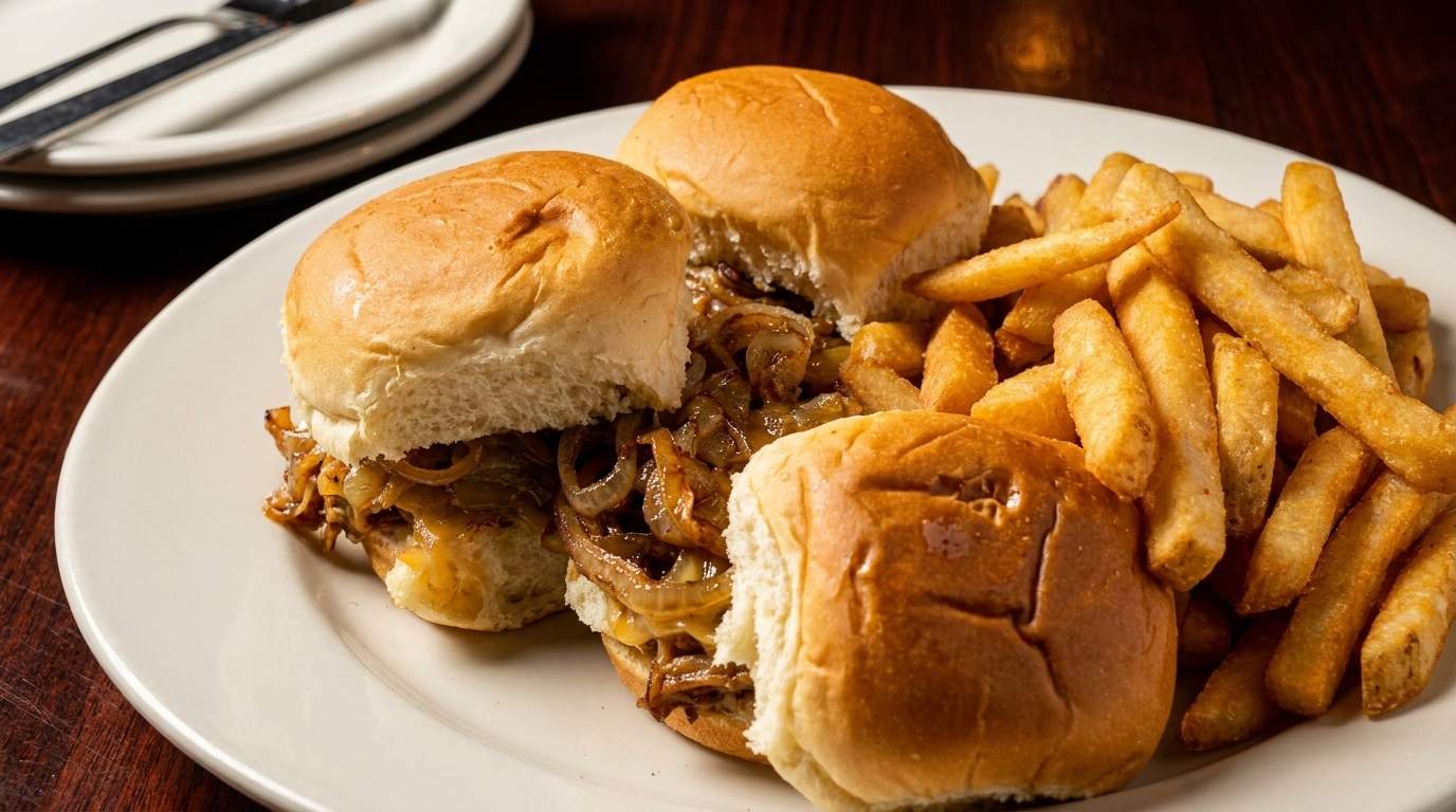 Three sliders with caramelized onions and cheese, served with a side of golden french fries.