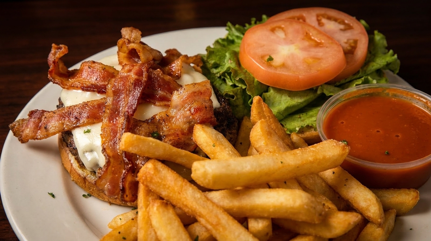 Bacon cheeseburger with lettuce, tomato, fries, and a side of dipping sauce on a white plate.