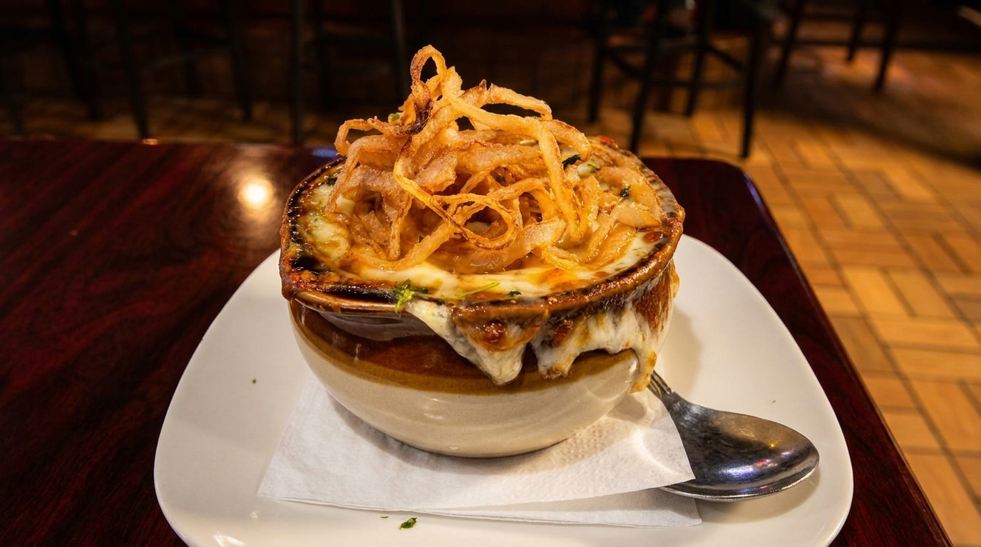 French onion soup in a crock with melted cheese and crispy fried onions on a dark wooden table.