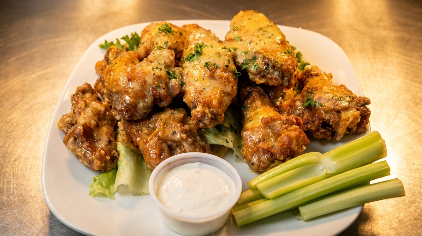 A plate of golden-brown chicken wings with sauce, garnished with parsley, celery sticks, and ranch dip.