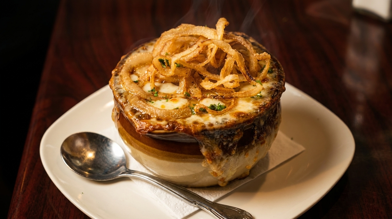Steaming French onion soup in a crock with melted cheese and crispy fried onions on top.