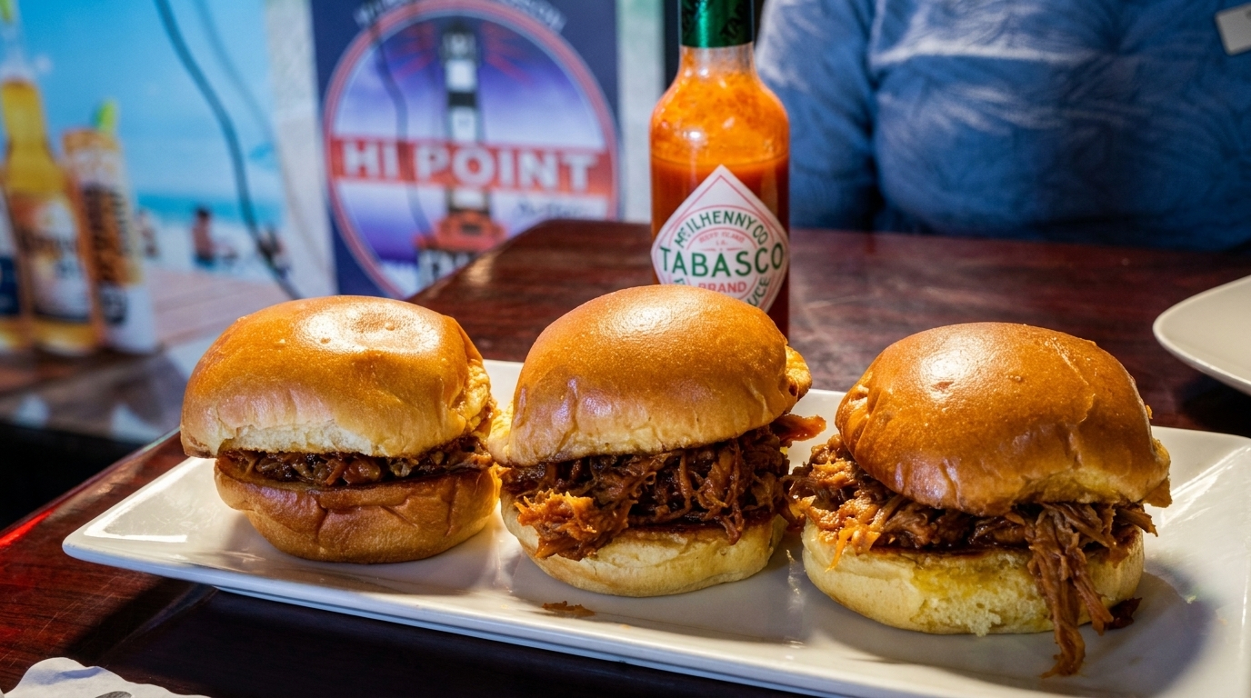 Three pulled pork sliders on a white plate with Tabasco sauce and a Hi Point sign in the background.