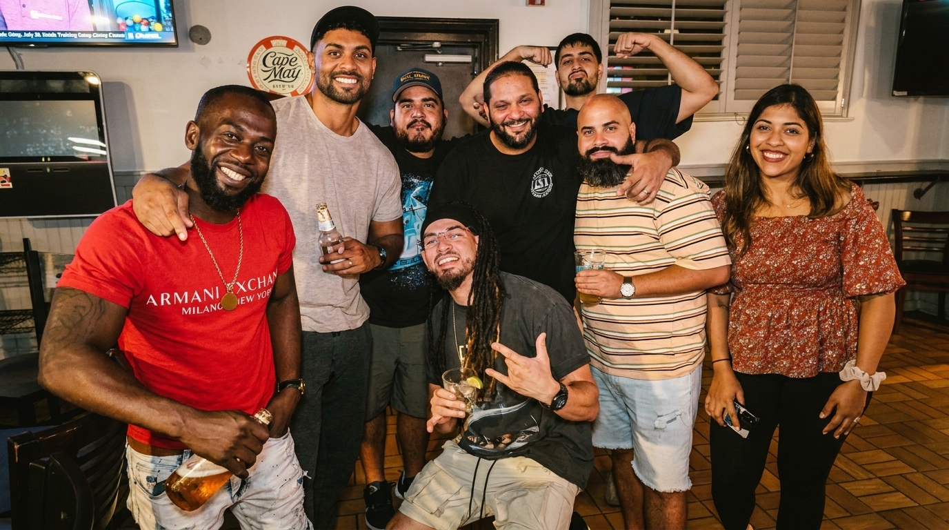 A diverse group of eight friends smiling and posing with drinks in a lively bar setting.